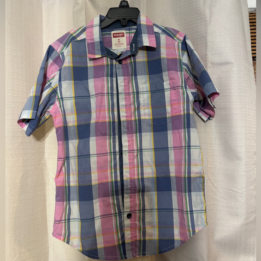 2SHIRTS!!! Boys size 8 button down short sleeve shirts. Wrangler & Amazon basics
